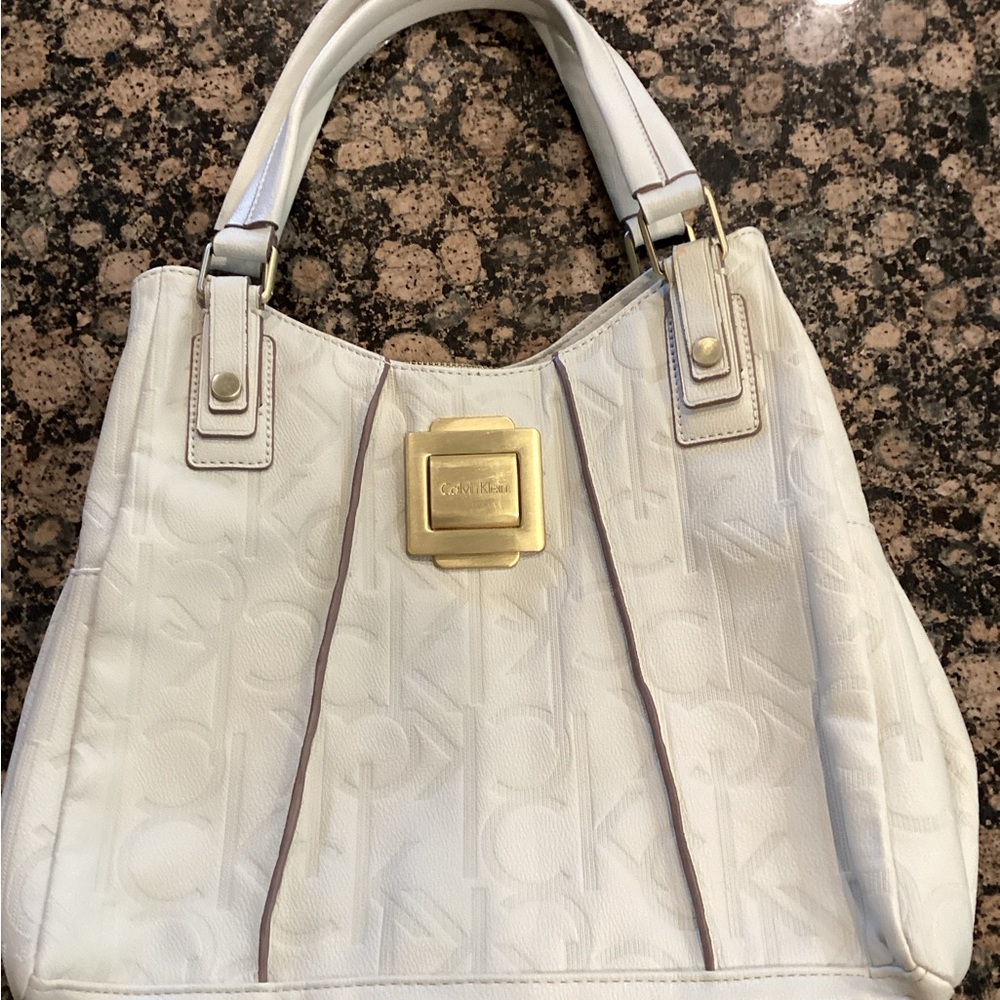 Calvin Klein cream White Shoulder Bag with Gold Accents